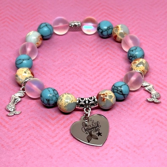 Handmade Mermaid Charm Bracelet with Aurora Crystals & Sea Sediment Stones! - Picture 7 of 7